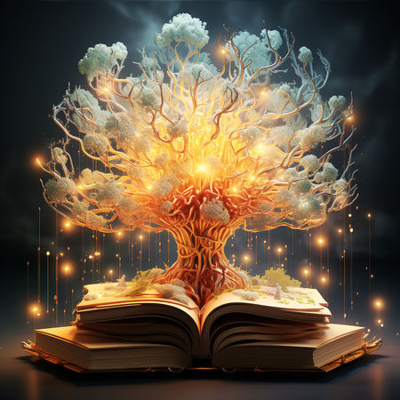 glowing tree grows from the book, education and mind growth conc